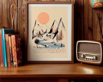 Póster de arte mural de Colorado de mediados de siglo: ilustración decorativa moderna de mediados de siglo de inspiración vintage, impresión artística de archivo. Regalo de las Montañas Rocosas.
