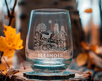 Illinois Deer Engraved State Glasses | Personalized Prairie Landscape Wildlife Glassware, Nature lover Gift Decor