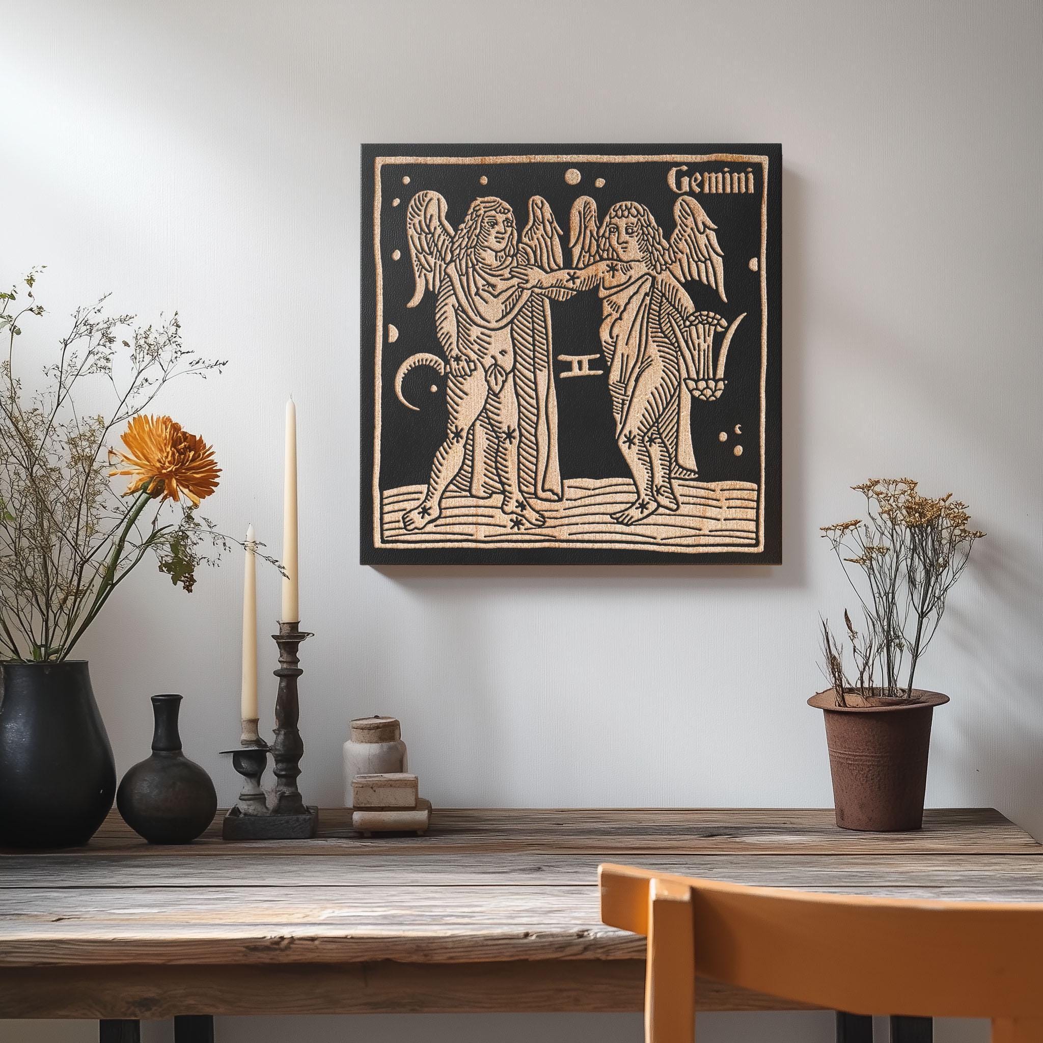 Gemini Zodiac Engraved Birch Wood Panel | Block Print Style Wall