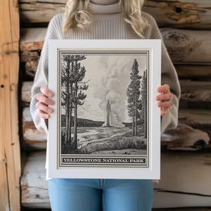 Yellowstone National Park Old Faithful Lithograph Style Print - Vintage Wyoming poster design, archival matte fine art print, Western Gift
