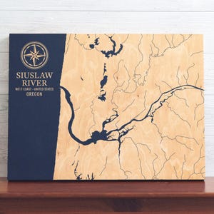 Kaart Siuslaw River (Oregon) | Gegraveerde houten kustkaart kunst aan de muur, decor strandhuisdecoratie nautische print, uniek gepersonaliseerd familiecadeau