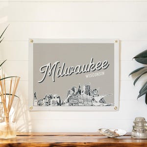 Milwaukee, Wisconsin Felt Poster Banner | City skyline wall art print sign. Vintage city line drawing pennant home decor. Handmade gift idea