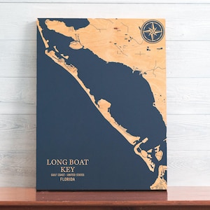 Kaart Longboat Key, Florida | Gegraveerd houten bord kustmuur, huisdecor strandhuis nautische print, uniek gepersonaliseerd familiecadeau