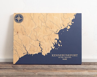 Kennebunkport, Maine Map | Engraved Wood Coastal Chart Wall Art Sign, Beach House Home Decor Nautical Print, Unique Personalized Family Gift