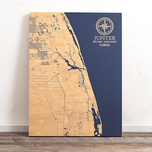 Kaart van Jupiter (Florida) | Gegraveerd houten kustmuurkunstbord, strandhuis woondecoratie print nautisch leven, uniek gepersonaliseerd familiecadeau