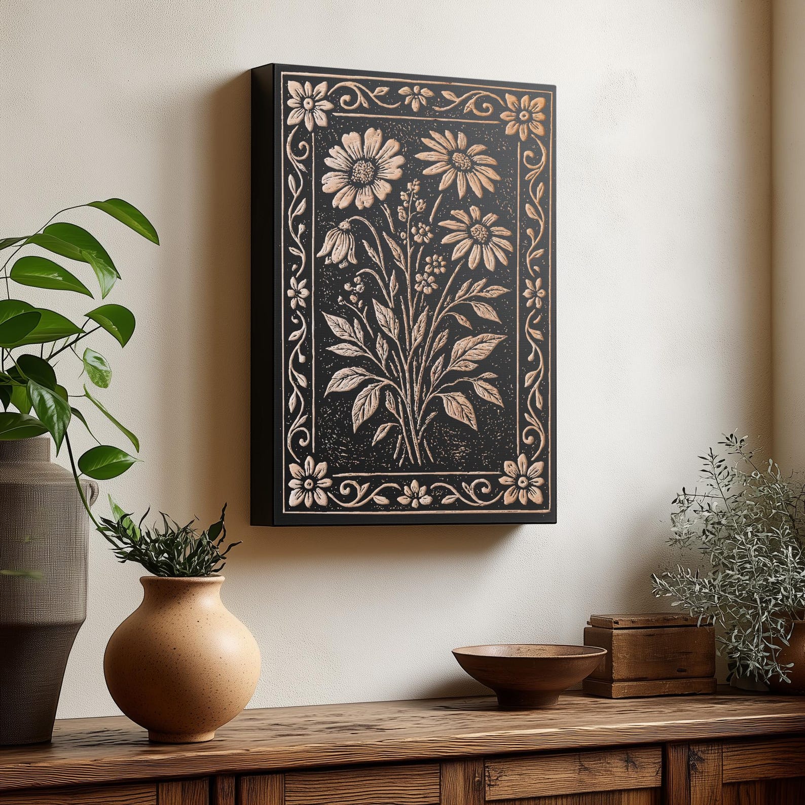 Wildflower Bouquet Engraved Illustration : Rustic Nature Inspired Botanical Birch Wood Wall Art, Floral Home Decor