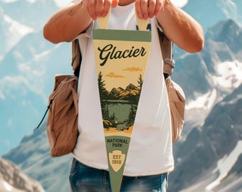 Glacier National Park Felt Pennant | Vintage style poster. Vintage typography Montana flag wall art home decor. USA Handmade Gift