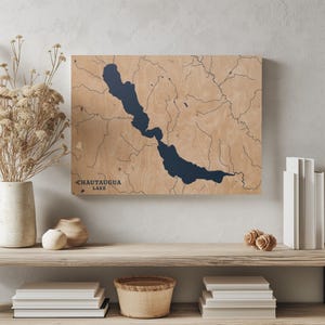 Chautaugua Lake New York / Decorazione per la casa con mappa personalizzata del lago, regalo personalizzato per casa sul lago, regalo per anniversario di matrimonio in campeggio, arte murale in legno incisa