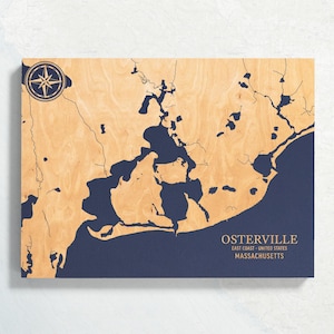 Osterville, Massachusetts Karte | "Graviertes Holz Küstenkarte Wand Kunst Schild, Strandhaus Wohnkultur Wasserdruck, einzigartiges personalisiertes Geschenk."