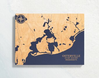 Osterville, Massachusetts Map | Engraved Wood Coastal Chart Wall Art Sign, Beach House Home Decor Nautical Print, Unique Personalized Gift