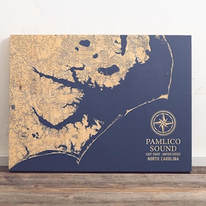 Pamlico Sound Karte von North Carolina | "Graviertes Holz Küstenkarte Wand Kunst Zeichen, Strand Wohnkultur nautischen Druck, einzigartiges personalisiertes Geschenk."