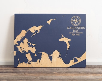 Gardiners Bay, New York Map | Engraved Wood Coastal Chart Wall Art Sign, Beach Home Decor Nautical Print, Unique Personalized Family Gift