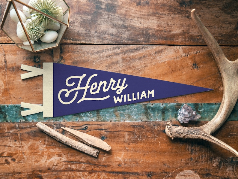 Personalized Heritage Name Sign Felt Pennant Custom Bold vintage style banner flag, kids & Nursery Wall Art, Boys Girls home decor gift Blue & Cream