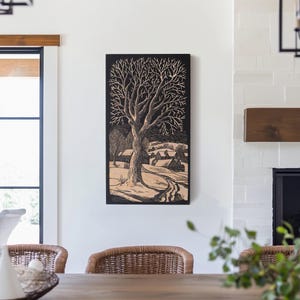 Vermont Winter Village Engraved Birch Wood Panel | Block Print Inspired Wall Art, Landscape Illustration Print, Linocut Style Art Gift