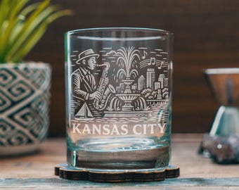 Kansas City Missouri Glass | Laser Etched Travel Glassware, Engraved Scenic Scene Gift for Midwest Travelers