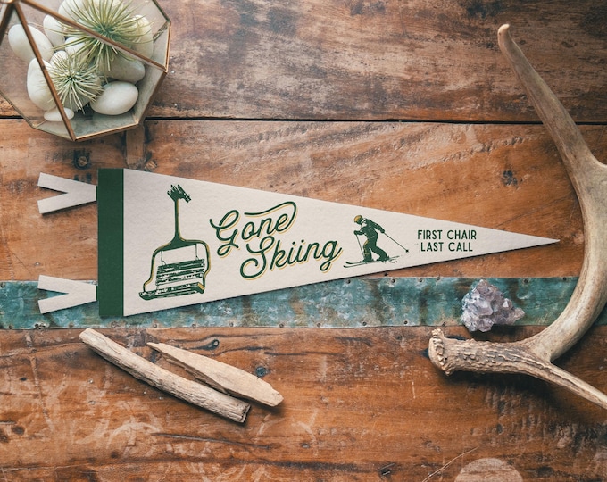 Gone Skiing Felt Pennant | Vintage Outdoor Sports Banner, First Chair Last Call Gift Decor, Winter Mountain Flag Wall Art Print.