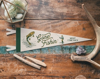 Gone Fishin' Felt Pennant | Vintage Sports Banner, Funny Fishing Gift Decor, Outdoorsman Wall Art Print.