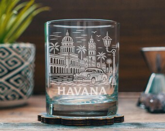 Havana Cuba Glass | Laser Etched Travel Glassware, Engraved Scenic Scene Gift for Caribbean Travel Lovers
