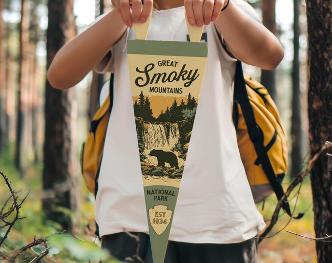 Great Smoky Mountains National Park Felt Pennant | Vintage style poster. Tennessee North Carolina typography flag home decor. USA Handmade