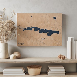 Atsion Lake New Jersey / Decorazione per la casa con mappa personalizzata del lago, regalo personalizzato per casa sul lago, regalo per campeggio di nozze per anniversario, arte murale in legno incisa