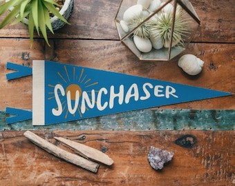 Sunchaser Felt Pennant | Vintage Beach House Banner, Inspirational Outdoors Sun Print, Surf Decor. Coastal Home Wall Art , Home Accent Gift.