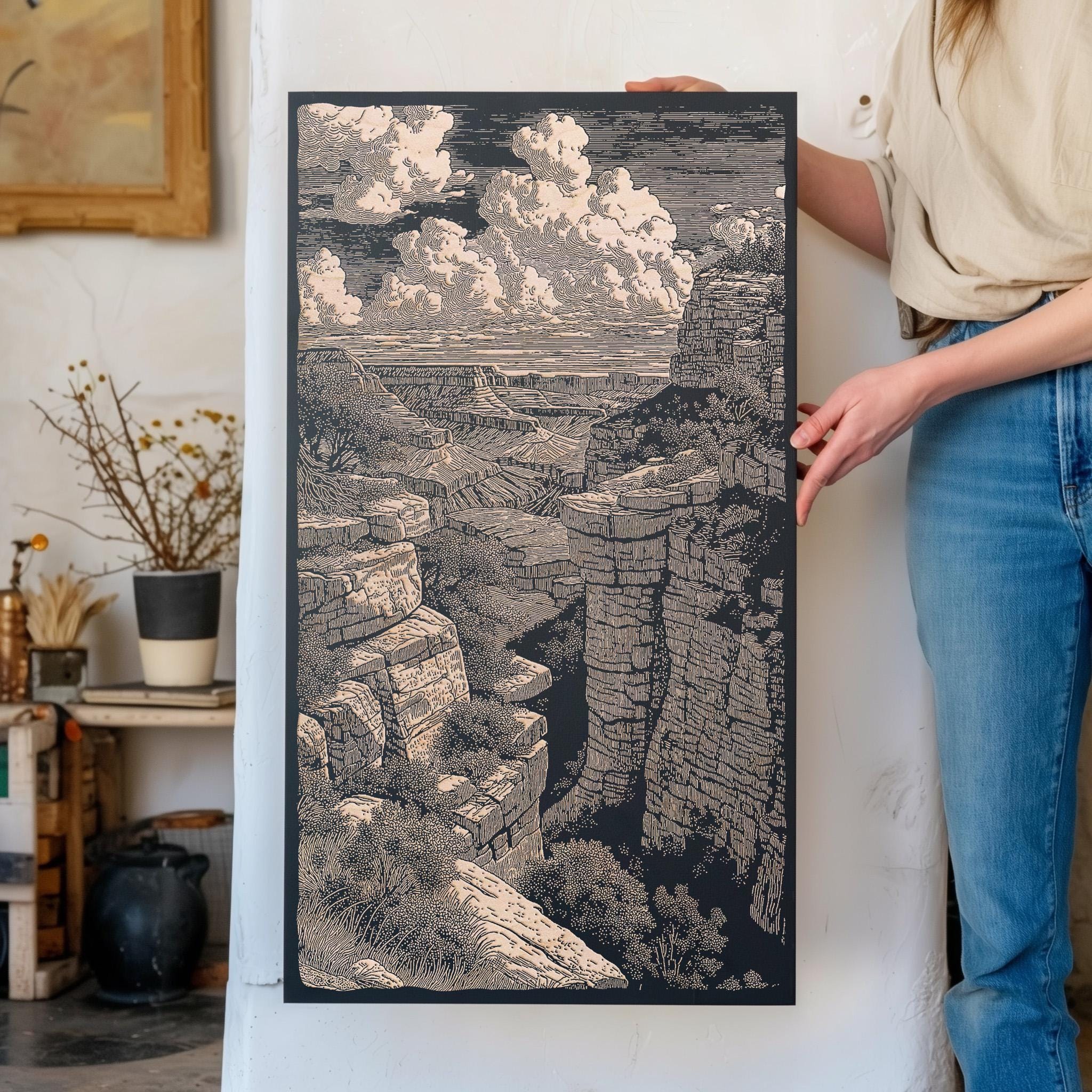 Grand Canyon National Park Engraved Birch Wood Panel | Southwestern Lithograph Arizona Wall Art, Nature Illustration, Desert Home Decor Gift