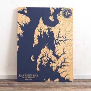 Mapa de Eastern Bay, Maryland / Letrero de pared con carta costera grabada en madera, decoración náutica playera para el hogar, regalo familiar personalizado único
