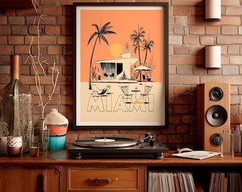 Miami Mid Century Wall Art Poster - Vintage inspired mid century modern Decor Illustration, archival art print. South Florida Beach gift.