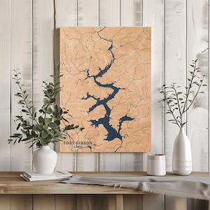 Fort Gibson Oklahoma / Decorazione per la casa con mappa personalizzata del lago, regalo personalizzato per casa sul lago, regalo per campeggio di nozze per anniversario, arte murale in legno incisa