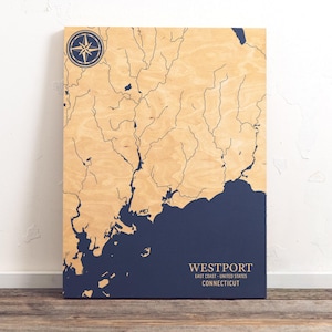 Westport, Conneticut Karte | "Graviertes Holz Küsten Wand Kunst Zeichen, Strand Haus Wohnkultur nautischen Druck, einzigartiges personalisiertes Geschenk für die Familie