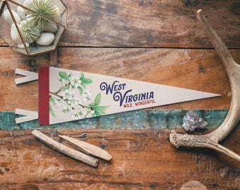 West Virginia Felt Pennant | Wild Wonderful state banner poster. Vintage typography Rhododendron flag pennant home decor. USA Handmade