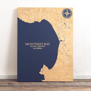 Mappa di Monterey Bay, California / Insegna artistica costiera in legno incisa, decorazione da parete per casa sulla spiaggia, stampa nautica, regalo personalizzato unico