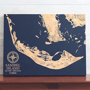 Mappa dell'isola di Sanibel, Florida / Insegna artistica costiera in legno incisa, decorazione da parete per la casa sulla spiaggia, stampa nautica, regalo personalizzato unico