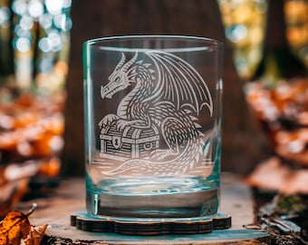 Dragon Glass | Etched Glasses with Mythical Dragon's Treasure Design Fantasy Lover Gift, DnD Barware, Medieval or Renaissance Inspired Decor