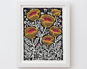 Poppies Art Print - Vintage inspired floral linocut block print style poster, archival fine art print. Cute nature flowers folk art gift.