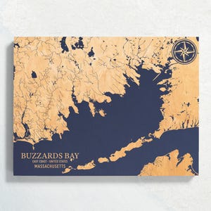 Buzzards Bay, Massachusetts Karte | "Graviertes Holz Küstenkarte Wand Kunst Schild, Strandhaus Wohnkultur Wasserdruck, einzigartiges personalisiertes Geschenk."