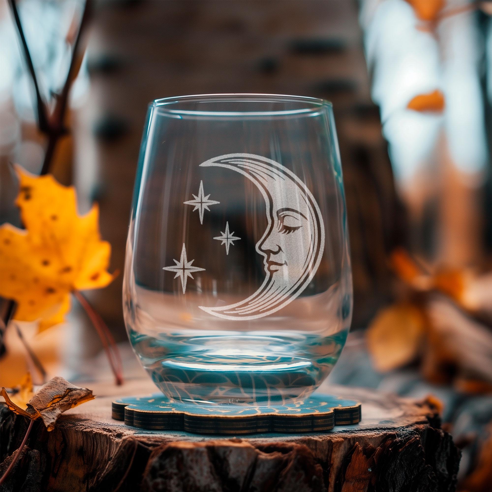 Vintage Moon Glass | Etched Crescent Moon & Stars Glasses