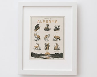 Alabama Wildlife Wall Art Print - Vintage poster design, archival quality matte fine art print. Outdoor, wilderness gift.