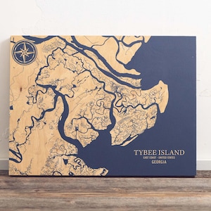 Mappa di Tybee Island, Georgia / Cartello da parete in legno inciso con motivo costiero, decorazione per la casa sulla spiaggia, stampa nautica, regalo unico e personalizzato per la famiglia