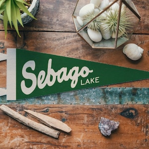 Custom Outdoorsy Name Sign Felt Pennant | Personalized bold vintage banner flag, Location Island beach home decor, Mountain lake camp gift