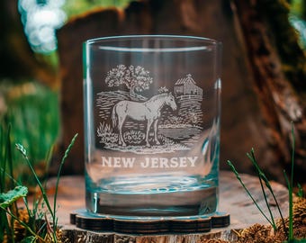 New Jersey Horse Engraved State Glasses | Personalized Garden State Glass Gift. Glassware for Whiskey, Beer, Wine and Cocktails.