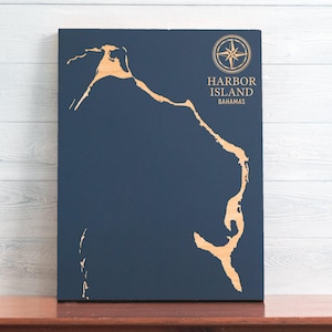 Mapa de Harbor Island, Bahamas / Letrero de pared con carta costera grabada en madera, decoración náutica para el hogar, regalo familiar personalizado único