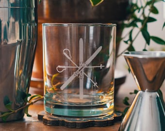 Vintage Skis Glasses | Personalized etched glassware for beer, whiskey, wine & cocktails.  Skier and winter gift. Mountain cabin home decor.