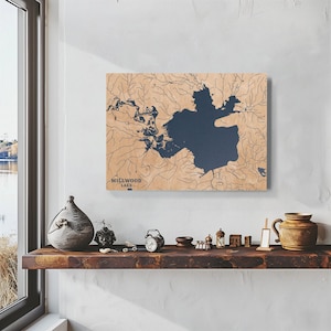 Millwood Lake Arkansas / Decorazione per la casa con mappa personalizzata del lago, regalo personalizzato per casa sul lago, regalo per anniversario di matrimonio in campeggio, arte murale in legno incisa