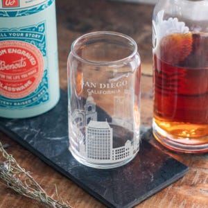 San Diego, California City Skyline Beer Can Engraved Glass | Hometown etched glassware for craft beer lovers. Housewarming gift.