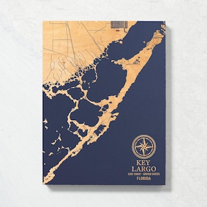 Kaart Key Largo, Florida | Gegraveerd houten bord kustkunst, strandhuis woondecoratie muur hangend nautische print, uniek gepersonaliseerd familiecadeau