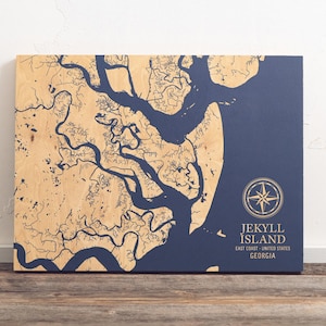 Mappa di Jekyll Island, Georgia / Cartello da parete in legno inciso con motivo costiero, decorazione per la casa sulla spiaggia, stampa nautica, regalo personalizzato unico per la famiglia