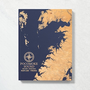 Mapa de Pocomoke Sound, Maryland, Virginia / Letrero de pared con carta costera grabada en madera, decoración náutica para el hogar playero, regalo familiar personalizado
