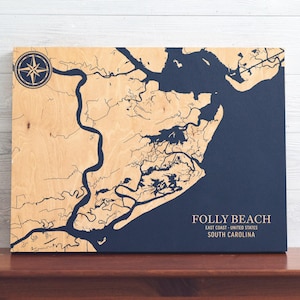 Folly Beach Südcarolina Karte | "Graviertes Holz Küstenkarte Wand Kunst Zeichen, Strand Wohnkultur nautischen Druck, einzigartiges personalisiertes Geschenk."