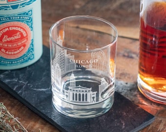 Chicago, Illinois City Skyline Engraved Glasses | Hometown Pride Glassware, Whiskey Rocks Wine & Beer Barware, Travel Special Trip Gift